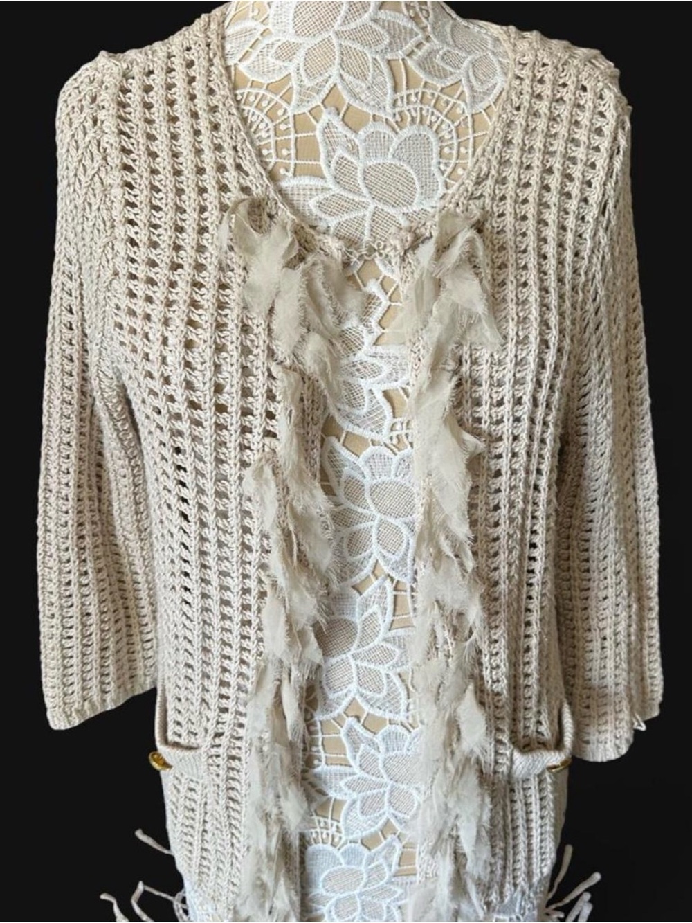 Chico's Beige Crochet Open-Front Fringe Cardigan